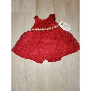 Baby Girl Dark Red Lace Dress With Rhinestone Waist & Bloomers 6 Months